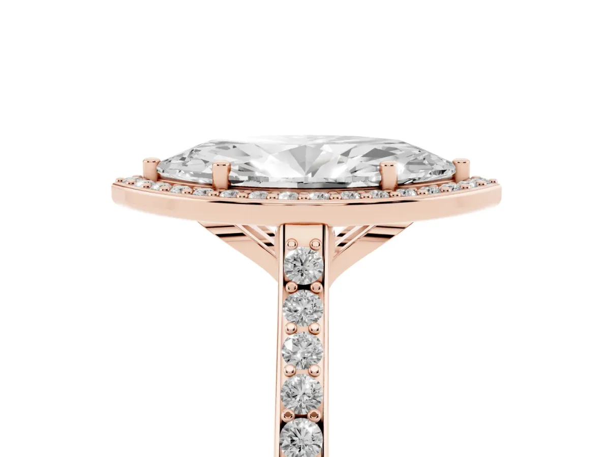 Marquise Cut Diamond Halo Engagement Ring with Round Pavé Shoulders and Prong Setting Rose gold