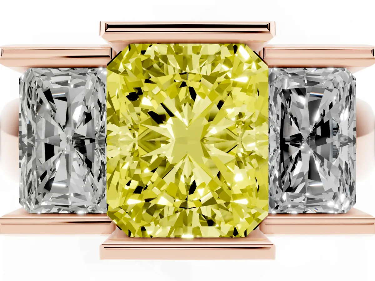 Fancy Yellow Three Stone Radiant Cut Cut Channel Set Diamond Ring Rose gold