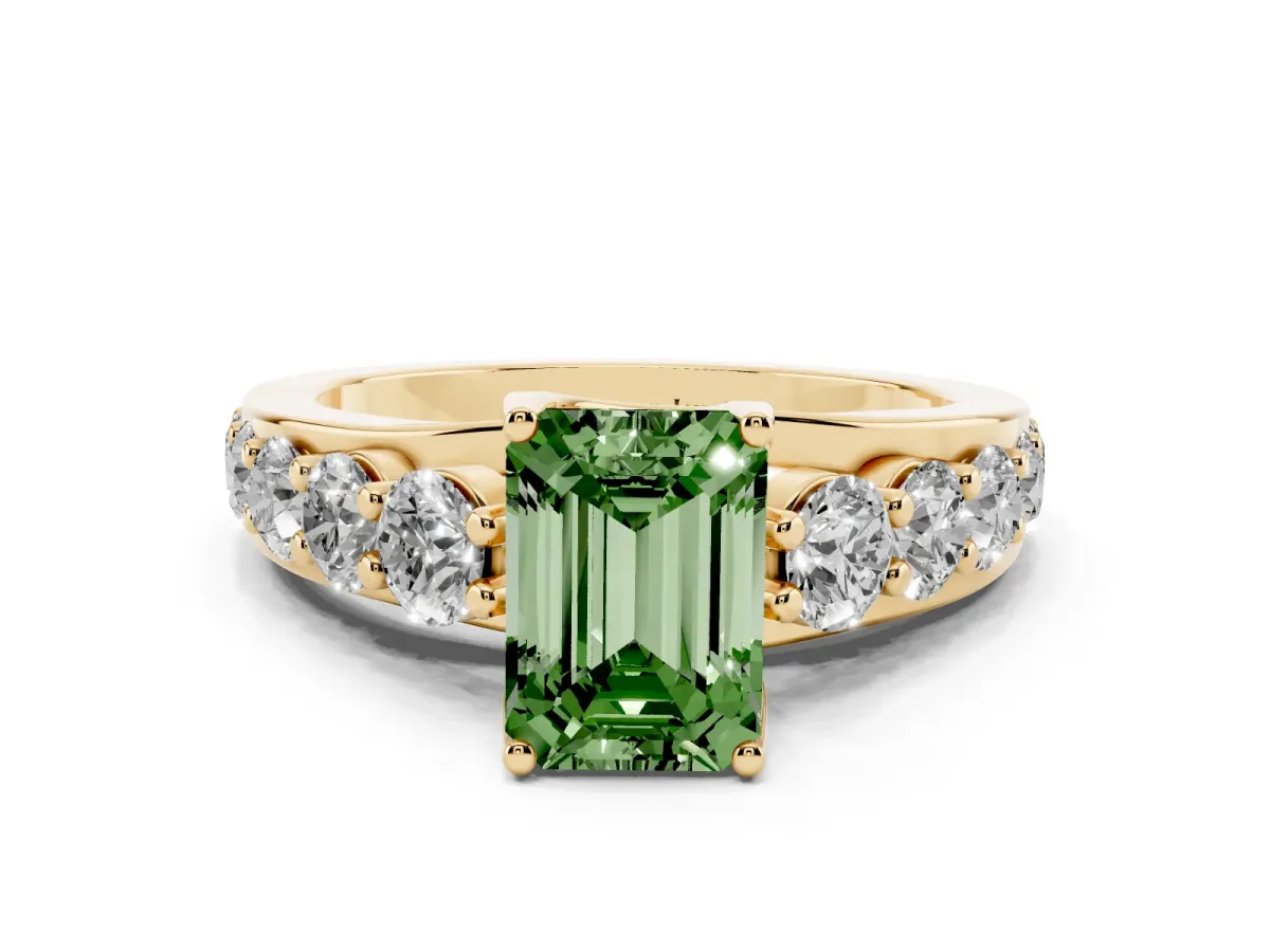 Fancy Green Emerald Cut Diamond Engagement Ring with Pavé Band and Four-Prong Setting Yellow gold