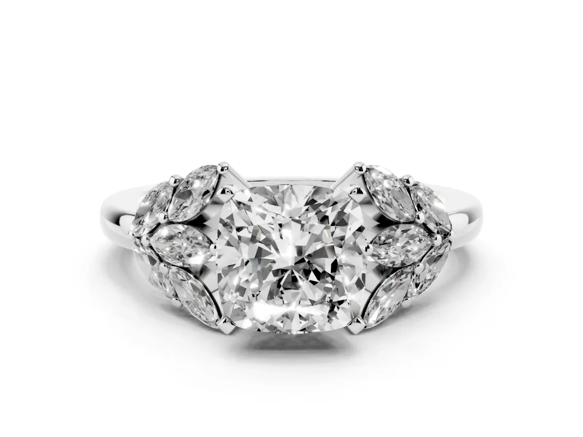 Cushion Cut Diamond Cluster Leaf Design Ring with Prong Setting Silver