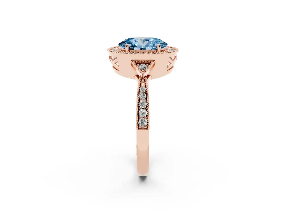 Fancy Blue Oval Cut Halo Round Diamond Milgrain Pave Engagement Ring Rose gold