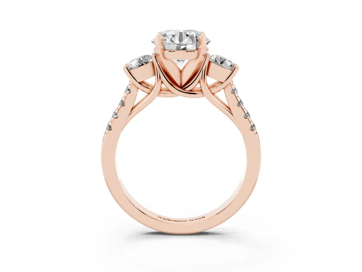 Three-Stone Round Cut Diamond Pavé Band with Four-Prong Setting Rose gold