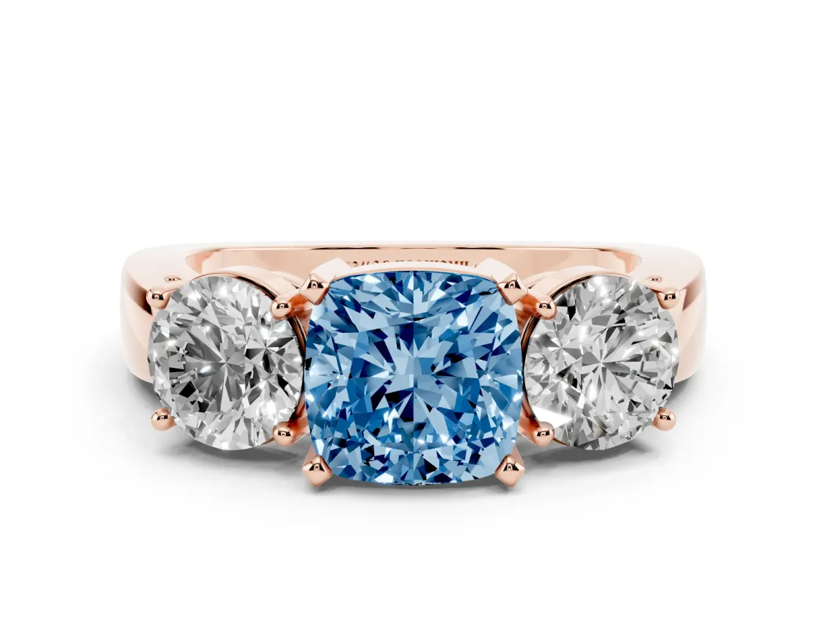 Fancy Blue Three-Stone Cushion Cut Diamond Ring with Round Side Stones, Classic Band, and Four-Prong Setting Rose gold
