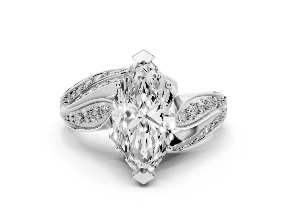 Marquise Cut Diamond Solitaire Ring with Prong Setting and Twisted Pavé Band Silver