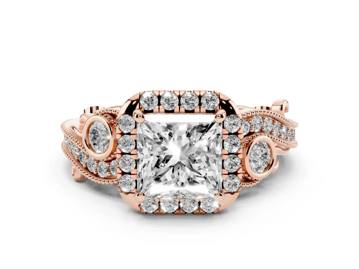 Princess Cut Diamond Halo Ring with Milgrain Pavé Band and Four-Prong Setting Rose gold