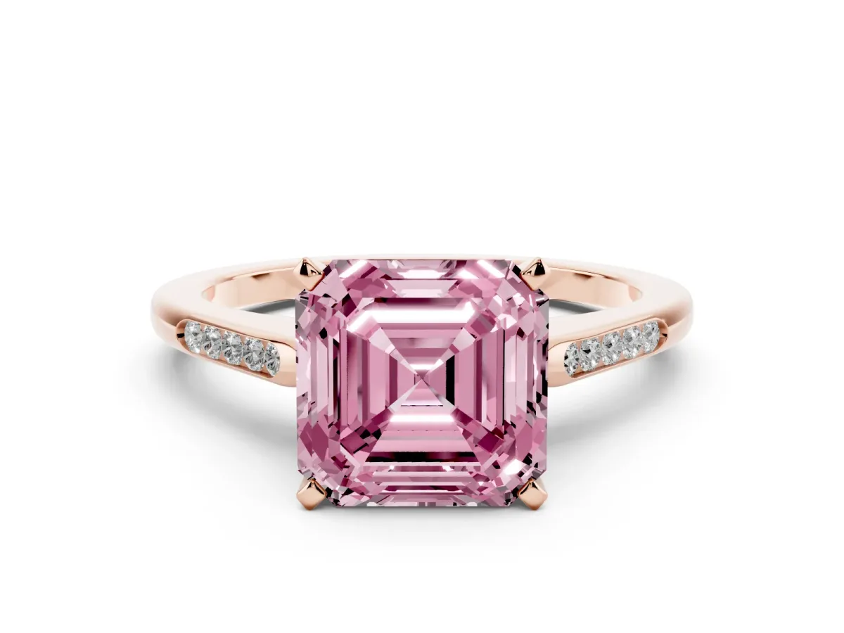 Fancy Pink Asscher Cut Diamond Solitaire Ring with Channel Set Round Band and Prong Setting Rose gold