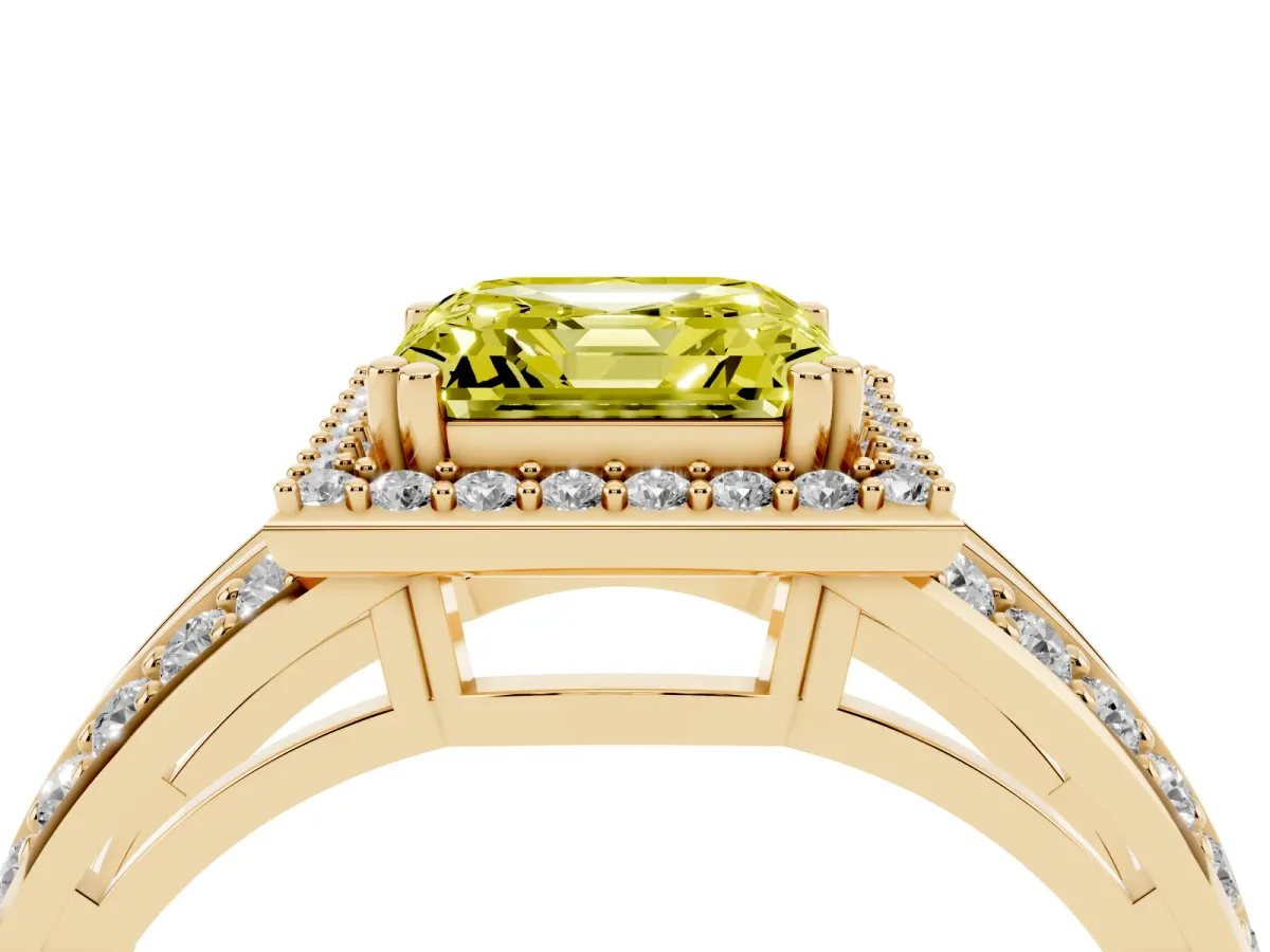 Fancy Yellow Asscher Cut Diamond Halo Ring with Split Shank Pavé Band and Four-Prong Setting Yellow gold
