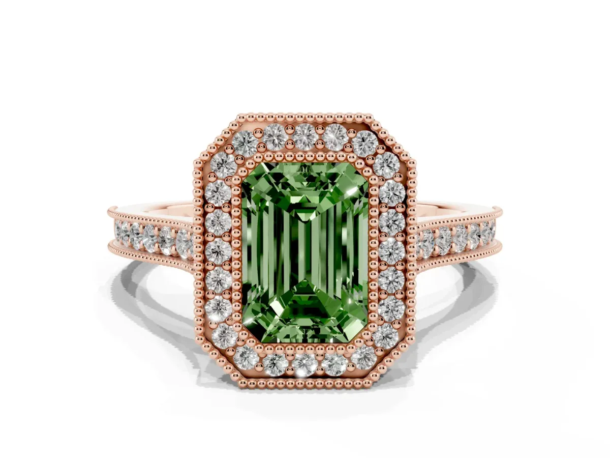 Fancy Green Halo Emerald Cut-Cut Diamond Pave Band Milgrain Prong Setting Ring Rose gold