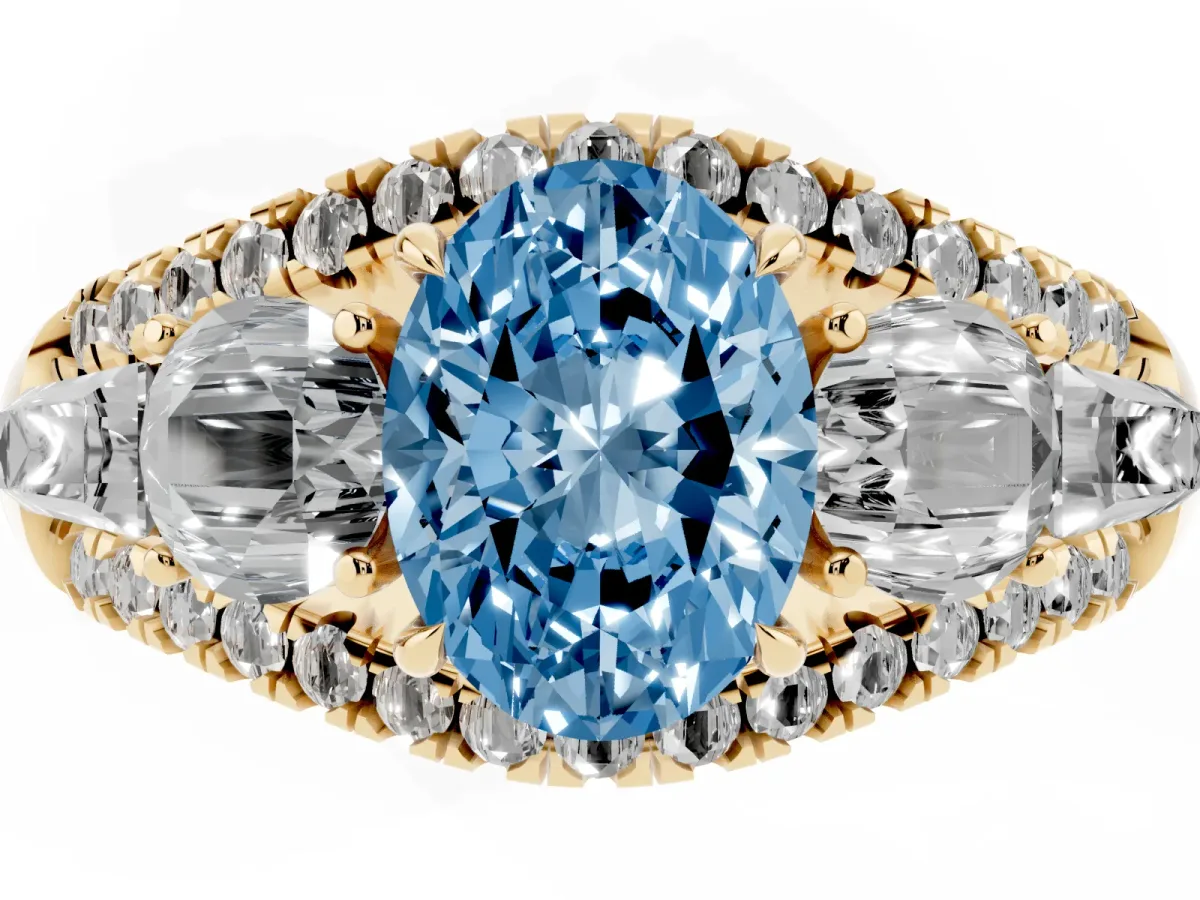 Fancy Blue Three-Stone Oval Cut Diamond Engagement Ring with Pave Band and Prong Setting Yellow gold