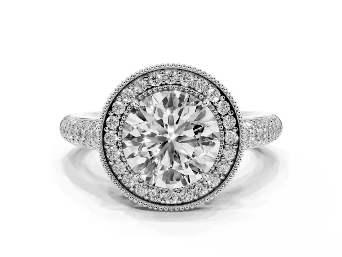 Round Cut Cut Halo Diamond Pave Band with Four-Prong Setting Silver
