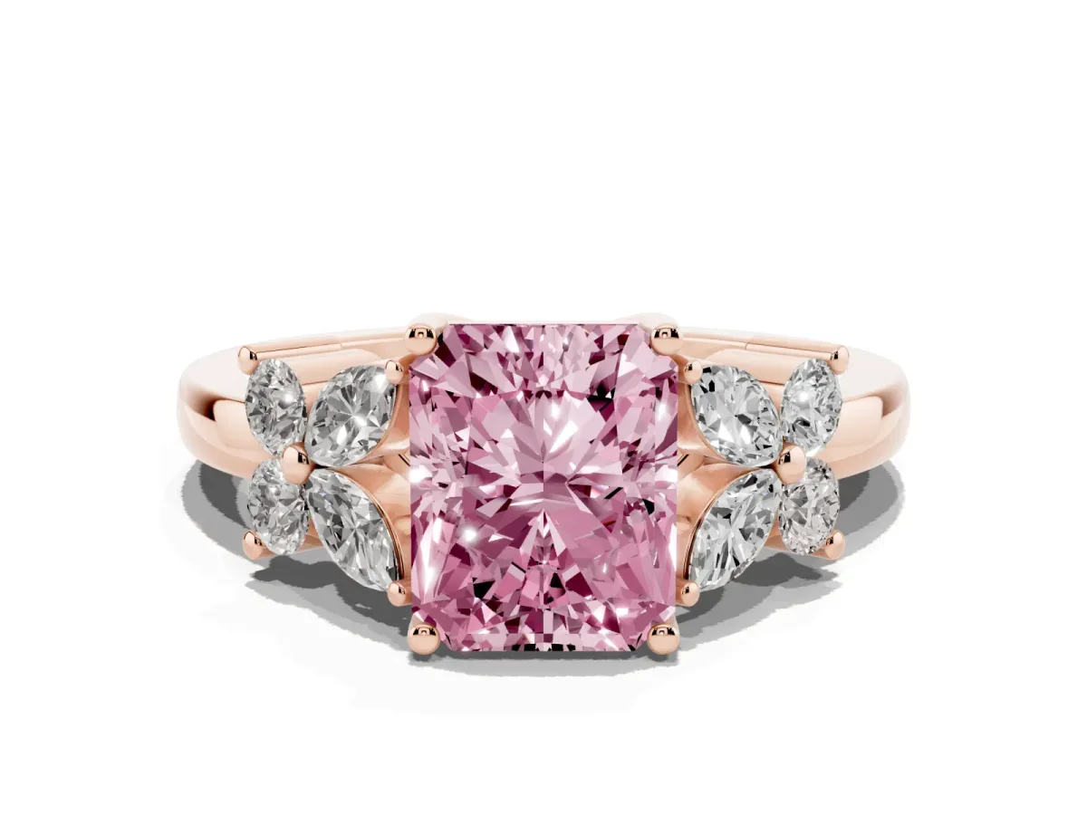 Fancy Pink Radiant Cut Diamond Floral Cluster Ring with Solitaire Band and Prong Setting Rose gold