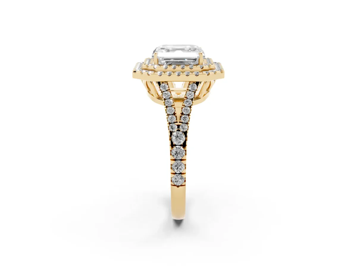 Asscher Cut Diamond Double Halo Ring with Pavé Band and Prong Setting Yellow gold