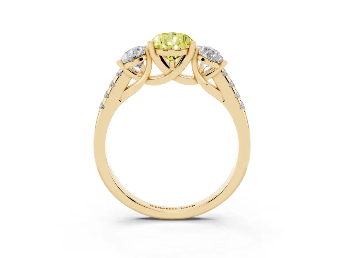 Fancy Yellow Three-Stone Pear Cut Diamond Ring with Round Pavé Band and Prong Setting Yellow gold