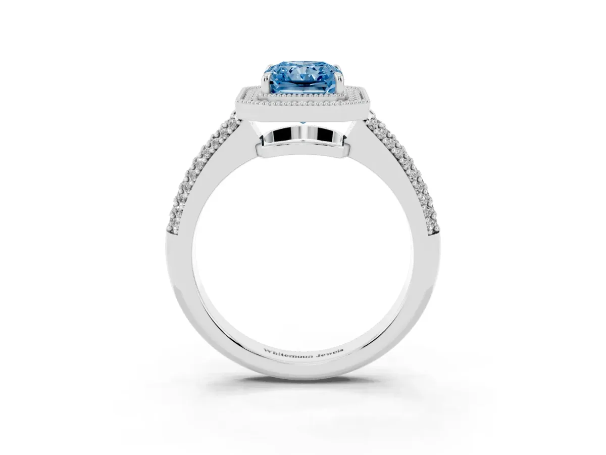 Fancy Blue Radiant Cut Cut Halo Diamond Pave Band with Four-Prong Setting Platinum