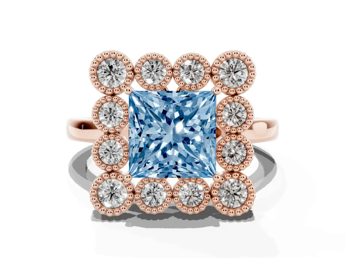 Fancy Blue Princess Cut Halo Diamond Cluster Engagement Ring with Milgrain Bezel Setting and Solitaire Band Rose gold