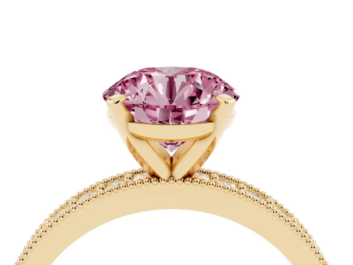 Fancy Pink Round Cut Diamond Milgrain Pavé Engagement Ring with Four-Prong Setting Yellow gold