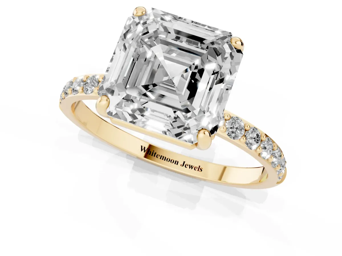 Asscher Cut Diamond Solitaire Ring with Round Pavé Band and Prong Setting Yellow gold