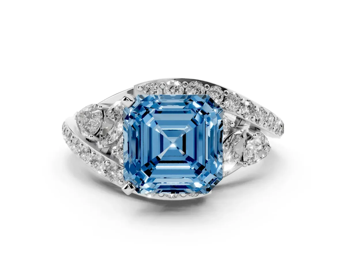 Fancy Blue Asscher Cut Diamond Halo Ring with Marquise and Pavé Band in Prong Setting White gold