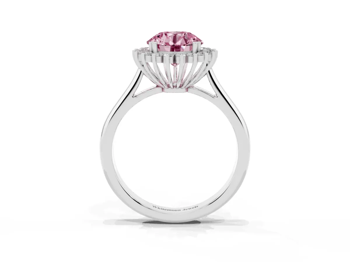 Fancy Pink Round Cut Cut Diamond Halo Ring with Solitaire Band and Prong Setting Platinum