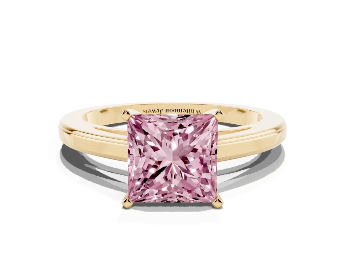 Fancy Pink Princess Cut Solitaire Diamond Ring with Four-Prong Setting and Classic Band Yellow gold