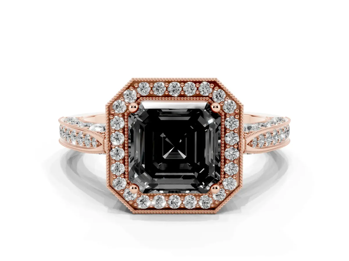 Fancy Black Asscher Cut Halo Diamond Engagement Ring with Split Shank Band and Four-Prong Setting Rose gold
