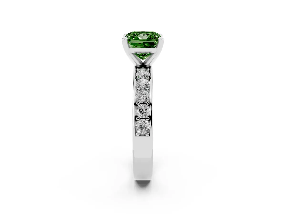 Fancy Green Princess Cut Diamond Engagement Ring with Channel Set Round Band and Prong Setting Platinum
