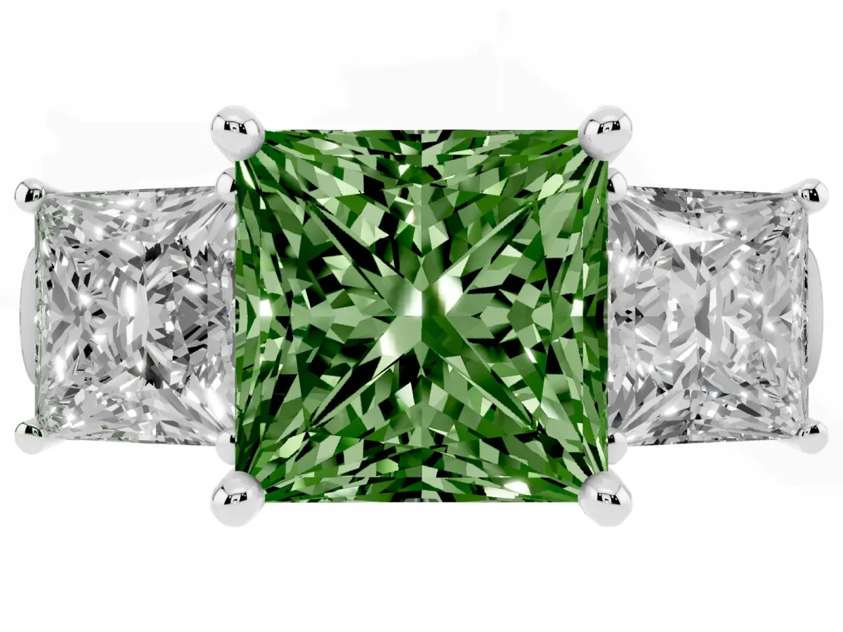 Fancy Green Three-Stone Princess Cut Brilliant Diamond Trellis Ring with Comfort Fit Band White gold