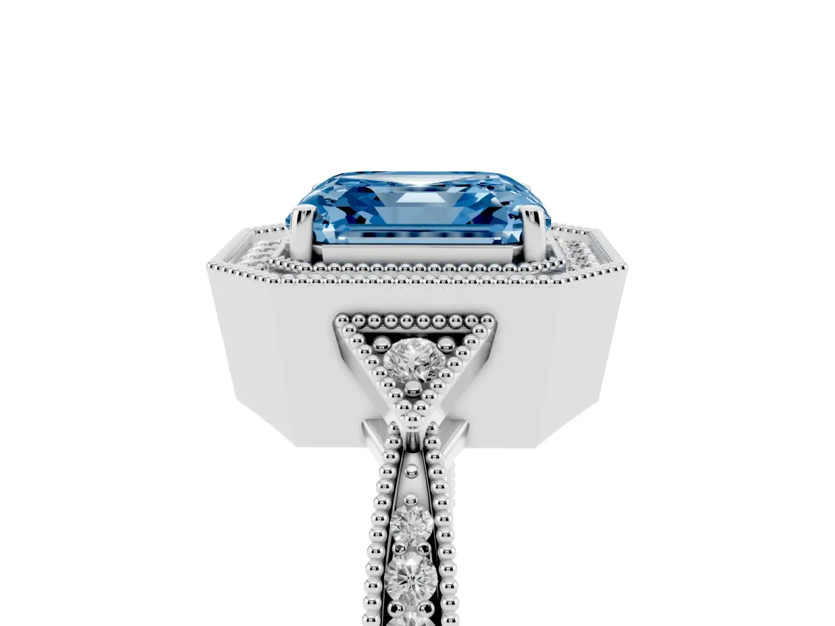 Fancy Blue Asscher Cut Halo Round Diamond Milgrain Pave Engagement Ring Silver