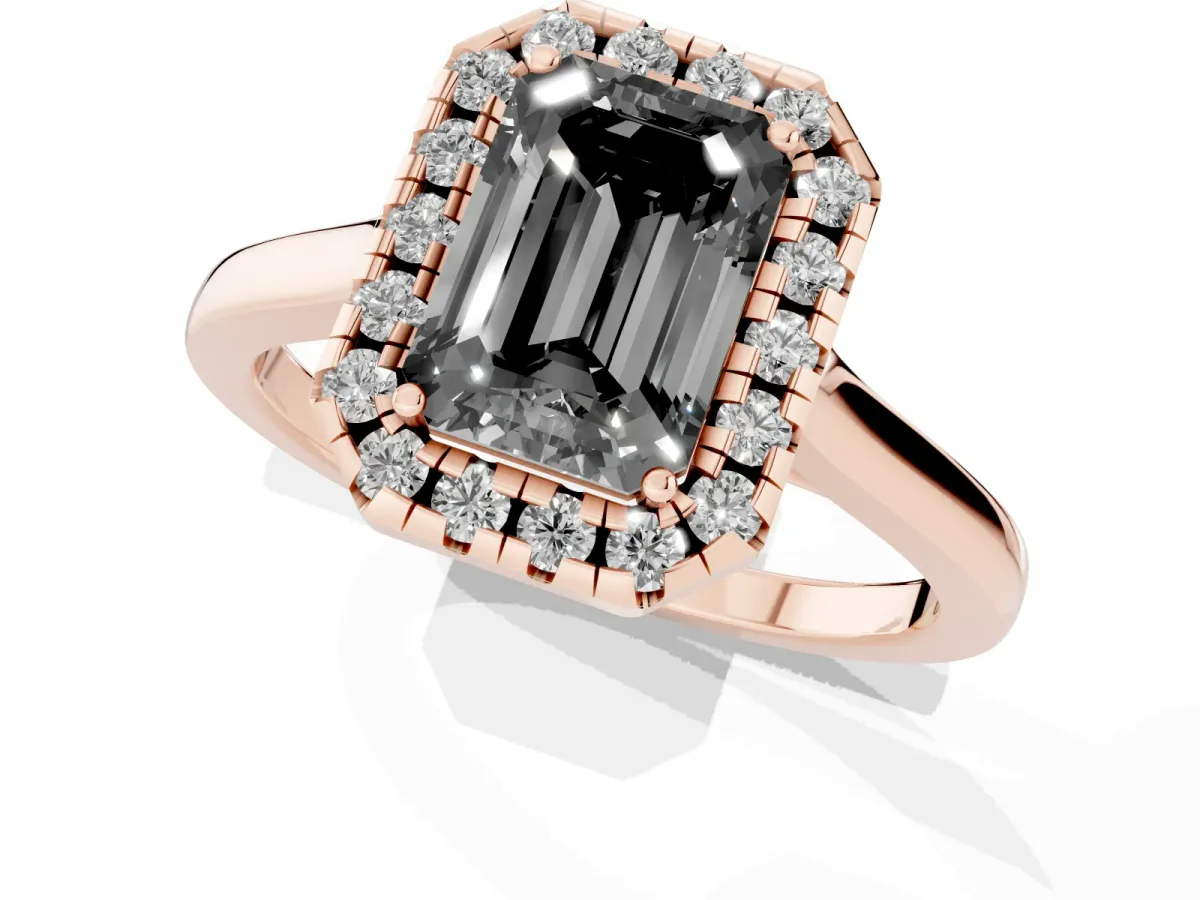 Fancy Black Emerald Cut Halo Round Diamond Solitaire Ring with Pavé Band and Four-Prong Setting Rose gold