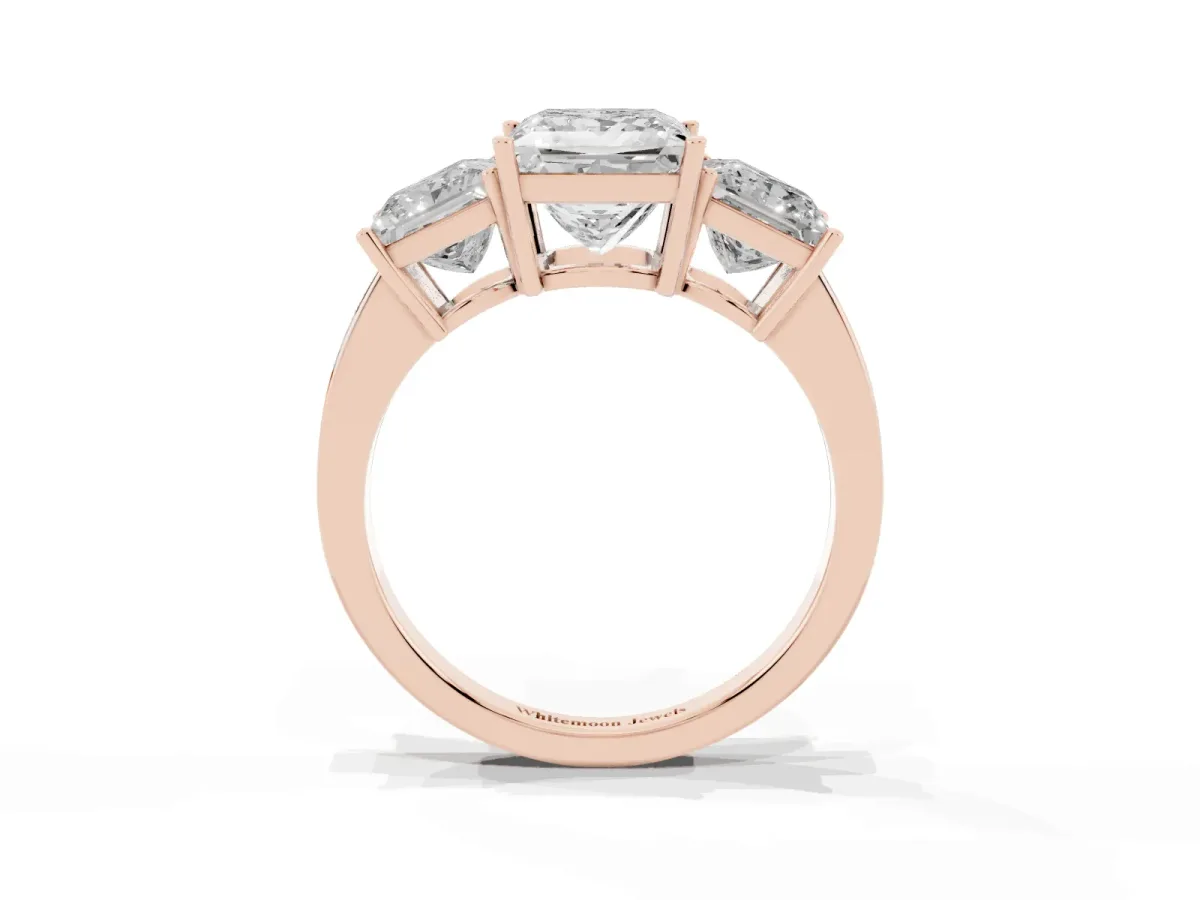 Three-Stone Princess Cut Cut Diamond Engagement Ring with Flat Band and Four-Prong Setting Rose gold