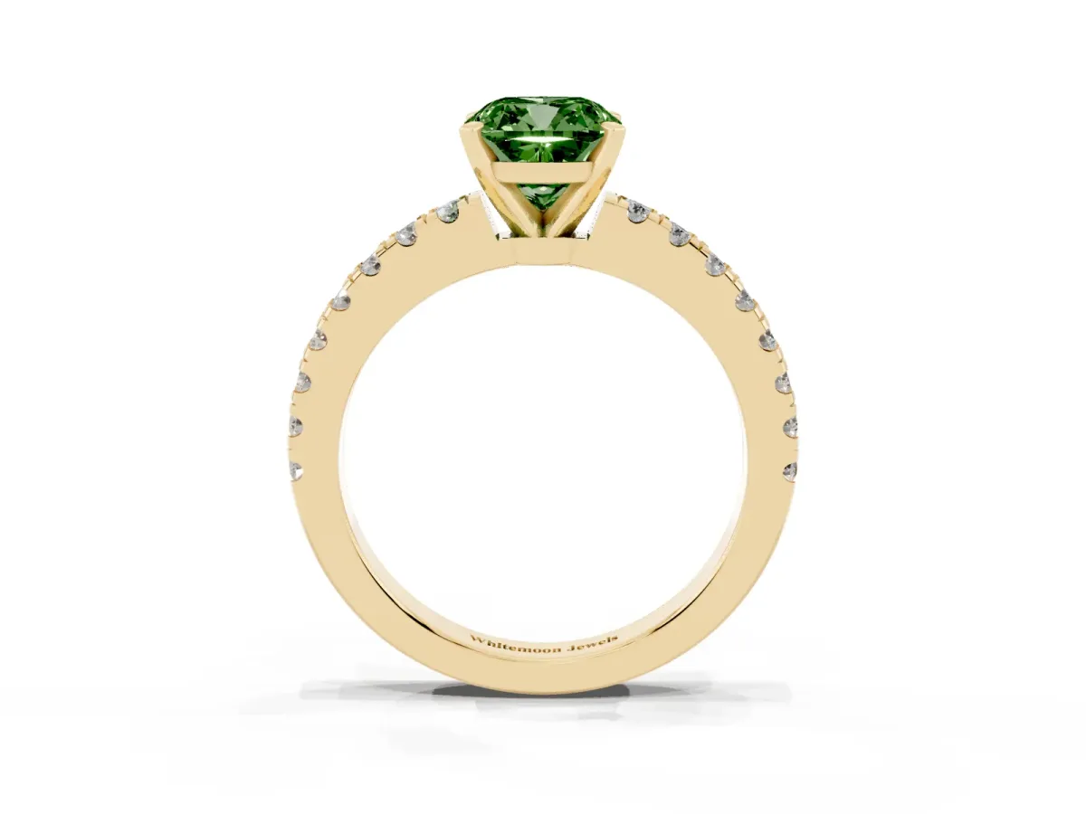 Fancy Green Cushion Cut Solitaire Diamond with Pavé Band and Four-Prong Setting Yellow gold