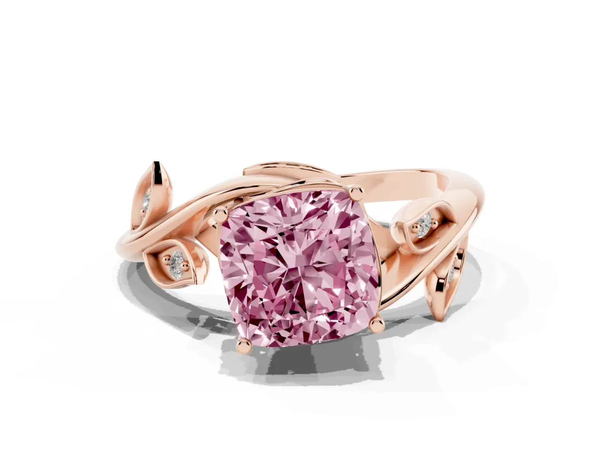 Fancy Pink Cushion Cut Solitaire Twist Engagement Ring with Leaf Accents and Prong Setting Rose gold