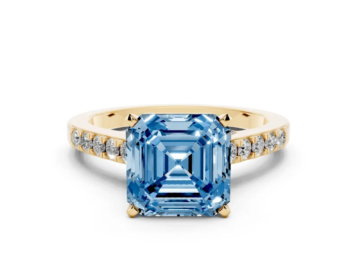 Fancy Blue Asscher Cut Diamond Solitaire Ring with Crossover Gallery and Round Pavé Band Yellow gold