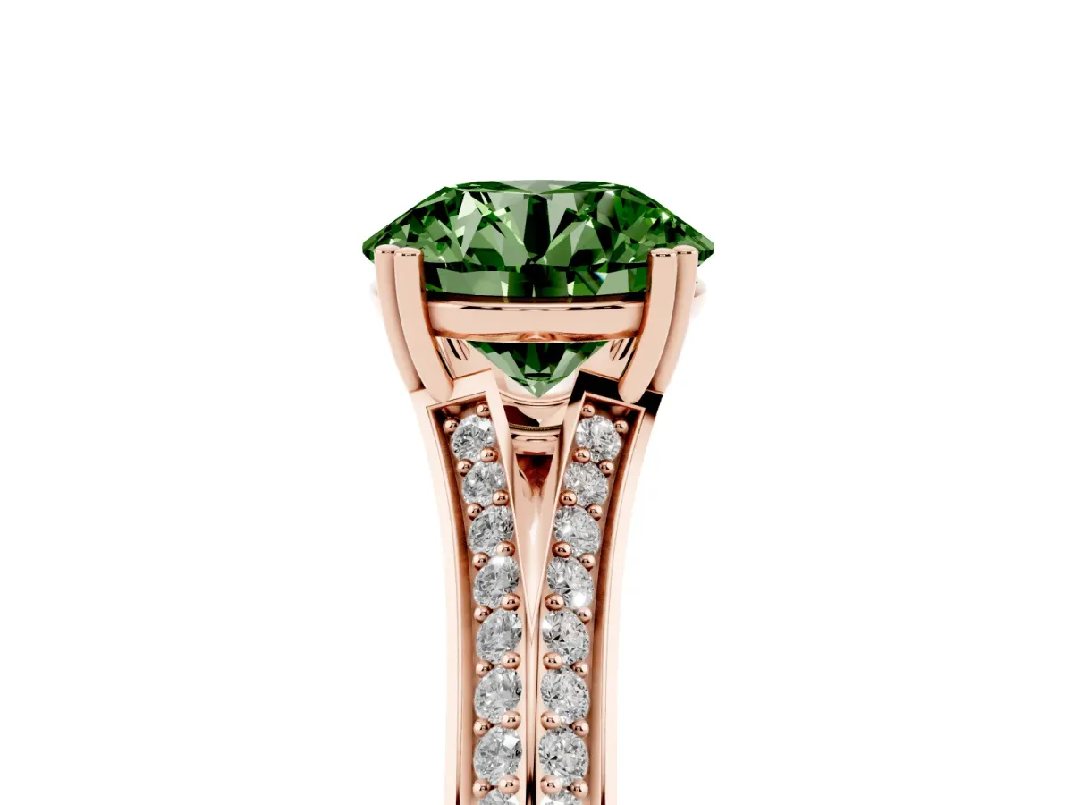 Fancy Green Round Cut Diamond Split Shank Engagement Ring with Pavé Band Rose gold