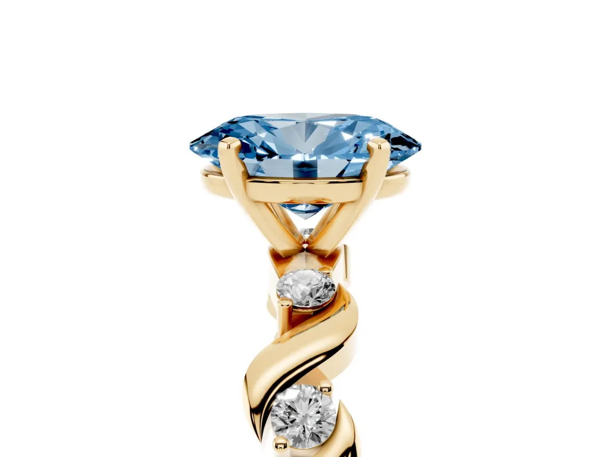 Fancy Blue Oval Cut Diamond Solitaire Twisted Band with Round Accents and Prong Setting Yellow gold