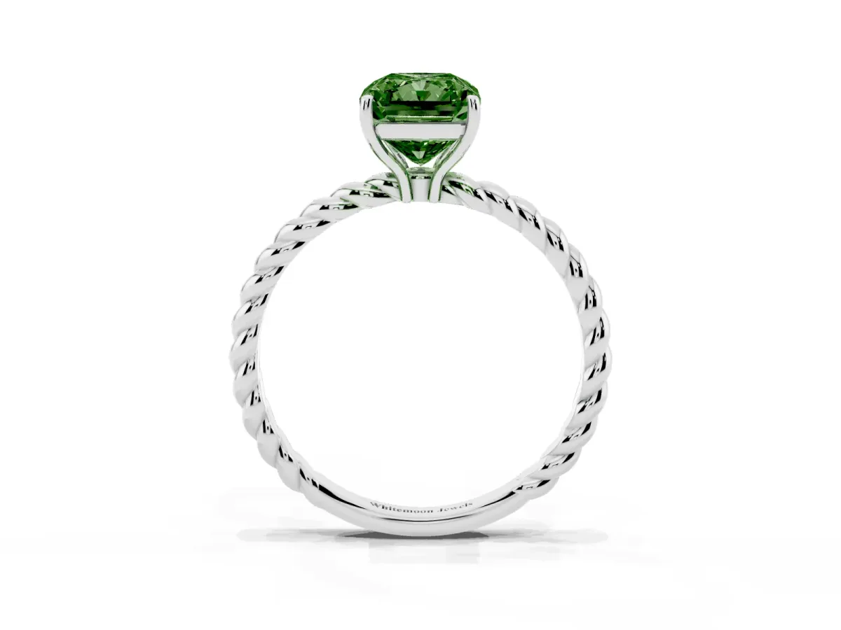 Fancy Green Radiant Cut Solitaire Twist Band Ring with Four-Prong Setting Silver