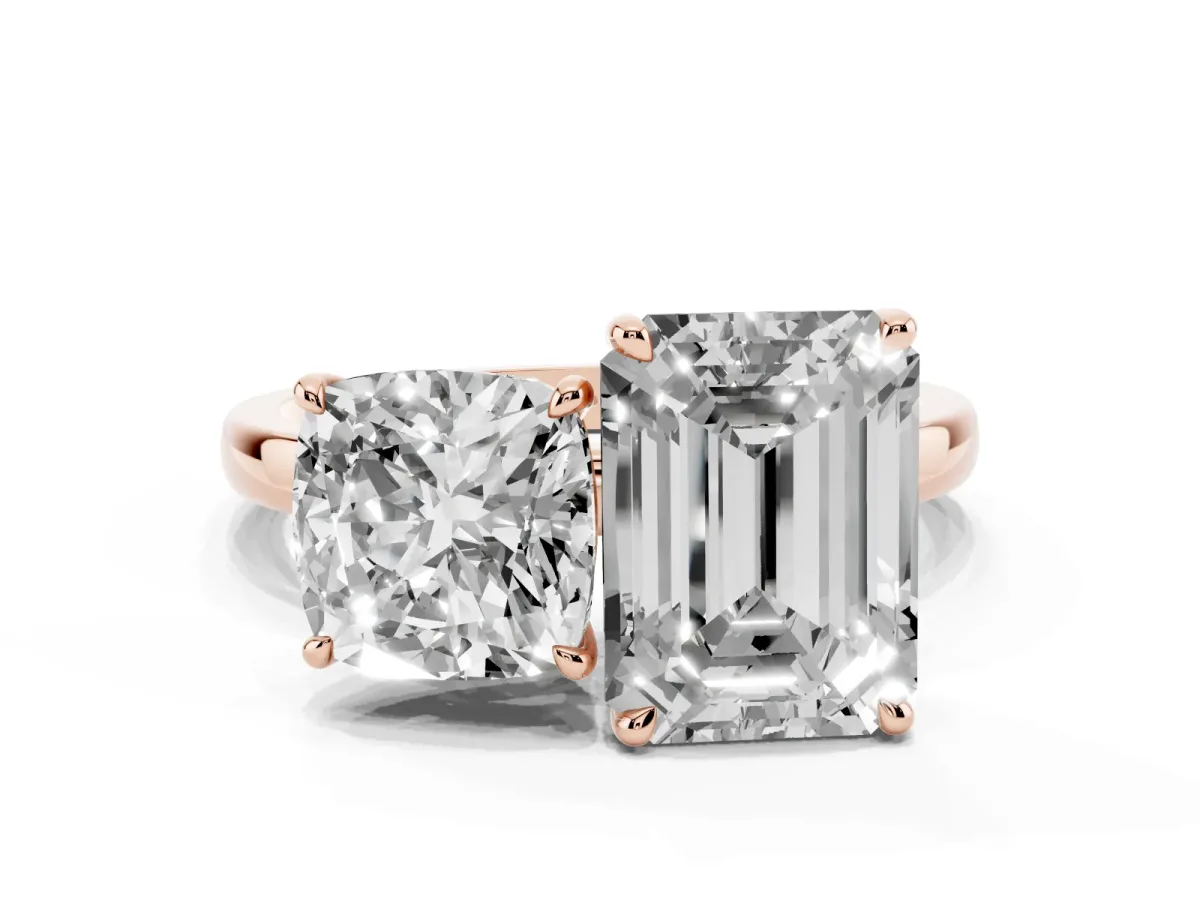 Cushion Cut and Emerald Cut Toi Moi Ring with Prong Setting Rose gold