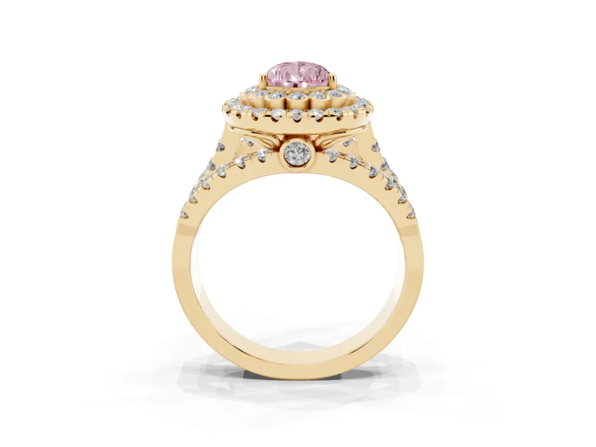 Fancy Pink Pear Cut Diamond Double Halo Ring with Round Pavé Split Shank and Prong Setting Yellow gold