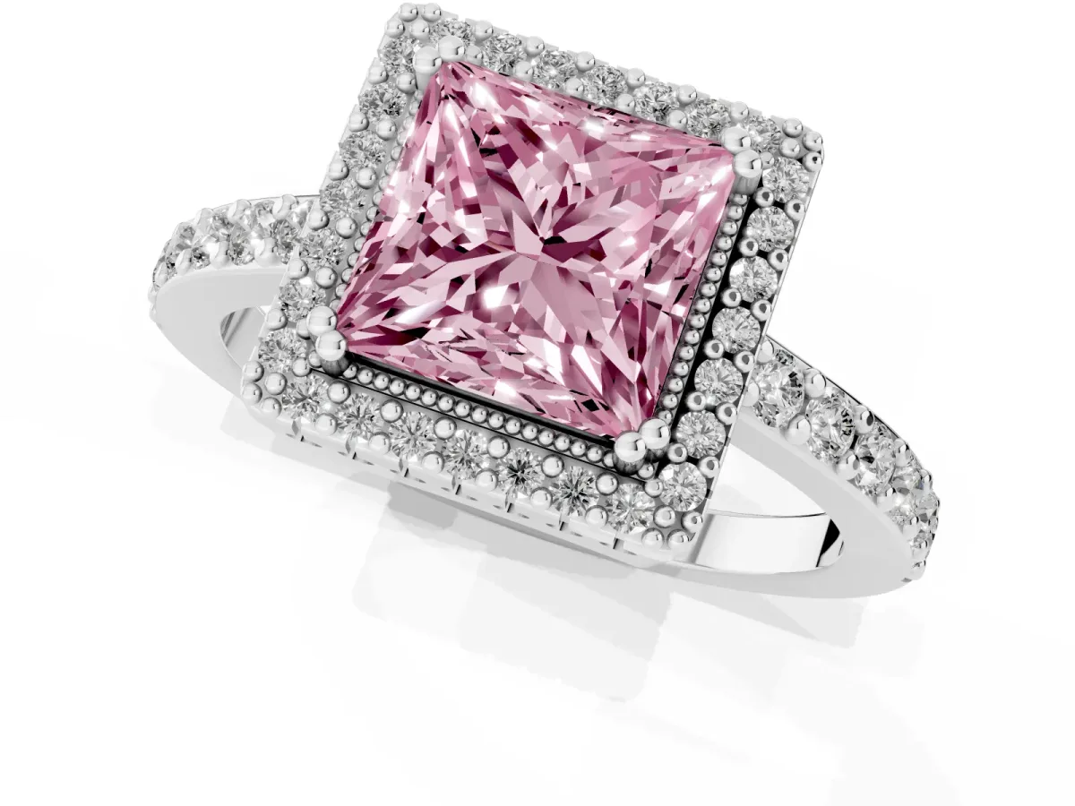Fancy Pink Princess Cut Cut Diamond Halo Engagement Ring with Milgrain Detail and Pavé Band Silver
