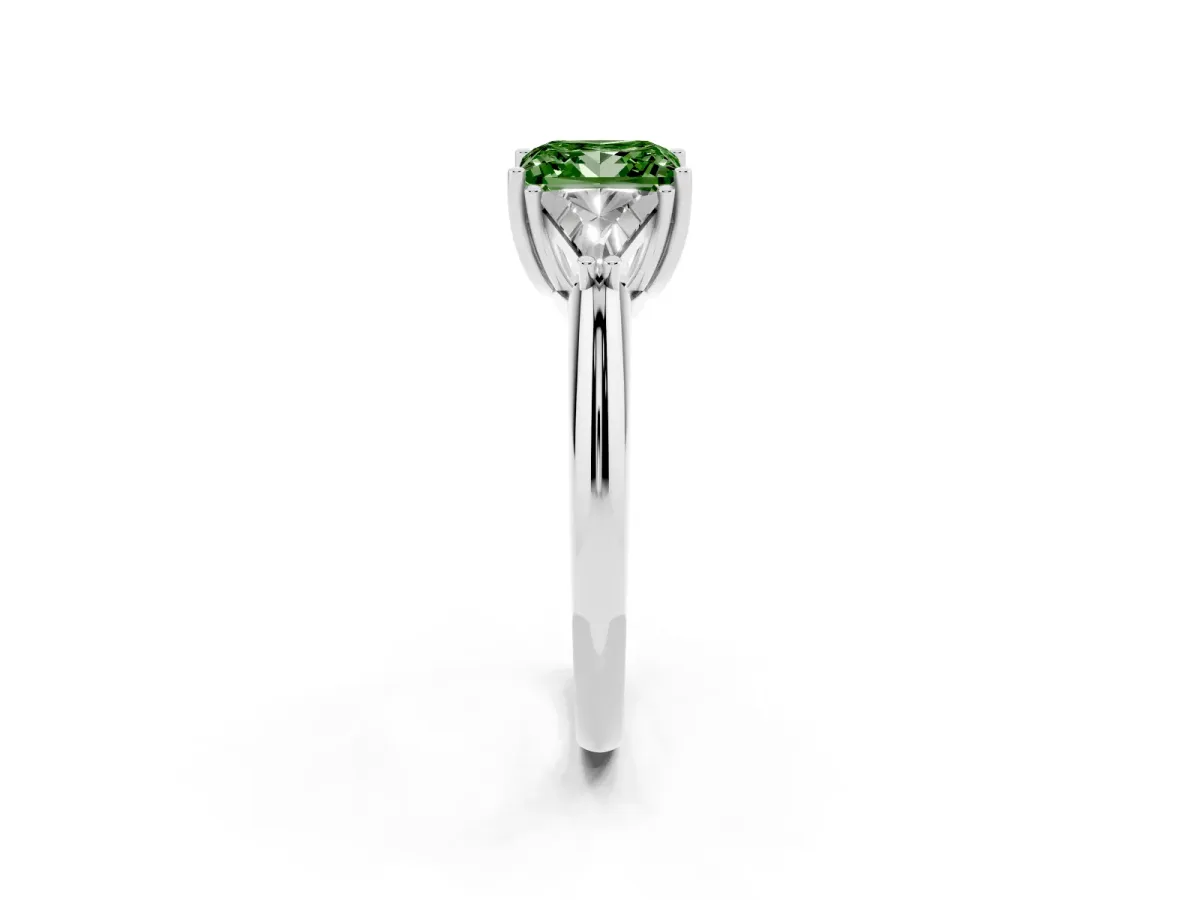 Fancy Green Three-Stone Princess Cut Diamond Engagement Ring with Trillion Side Stones and Prong Setting Platinum
