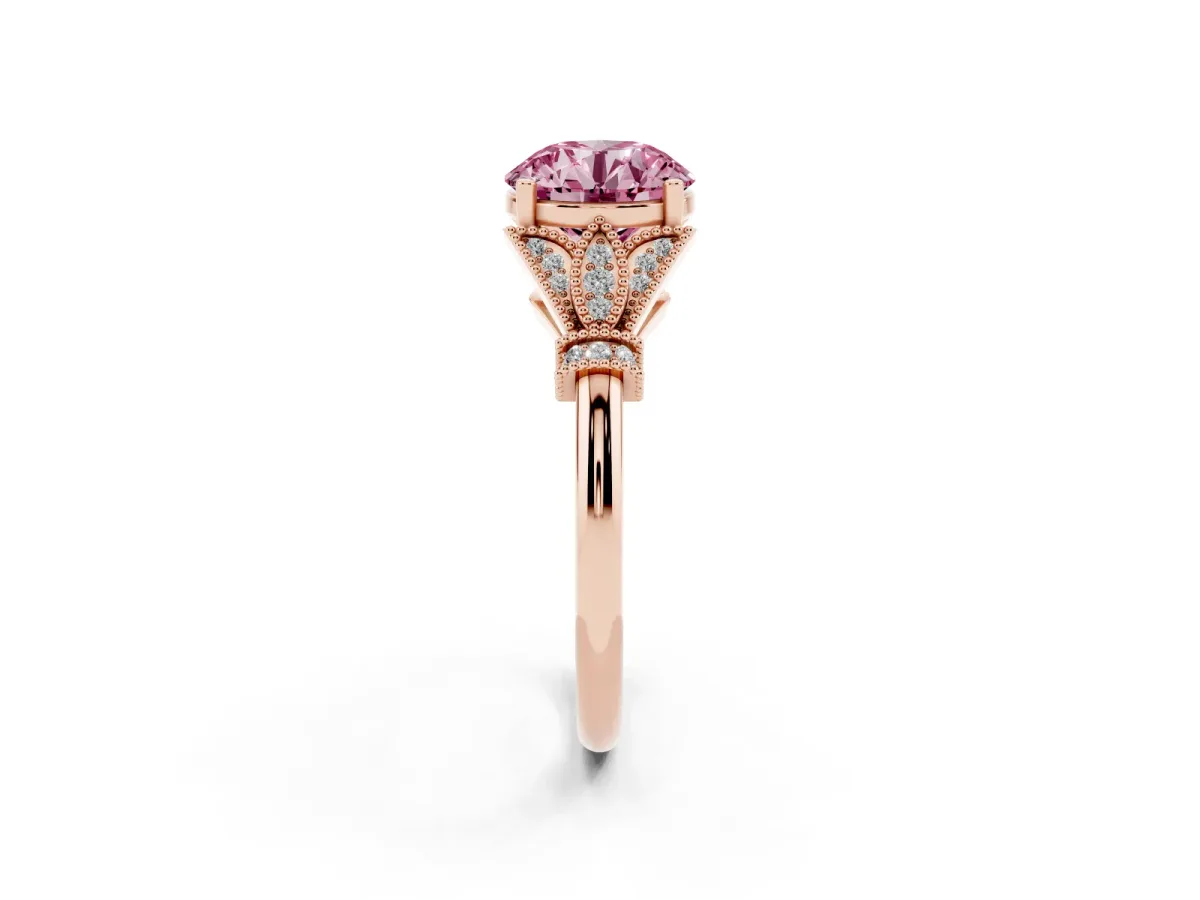 Fancy Pink Round Cut Diamond Solitaire Ring with Floral Filigree and Pave Accents Rose gold