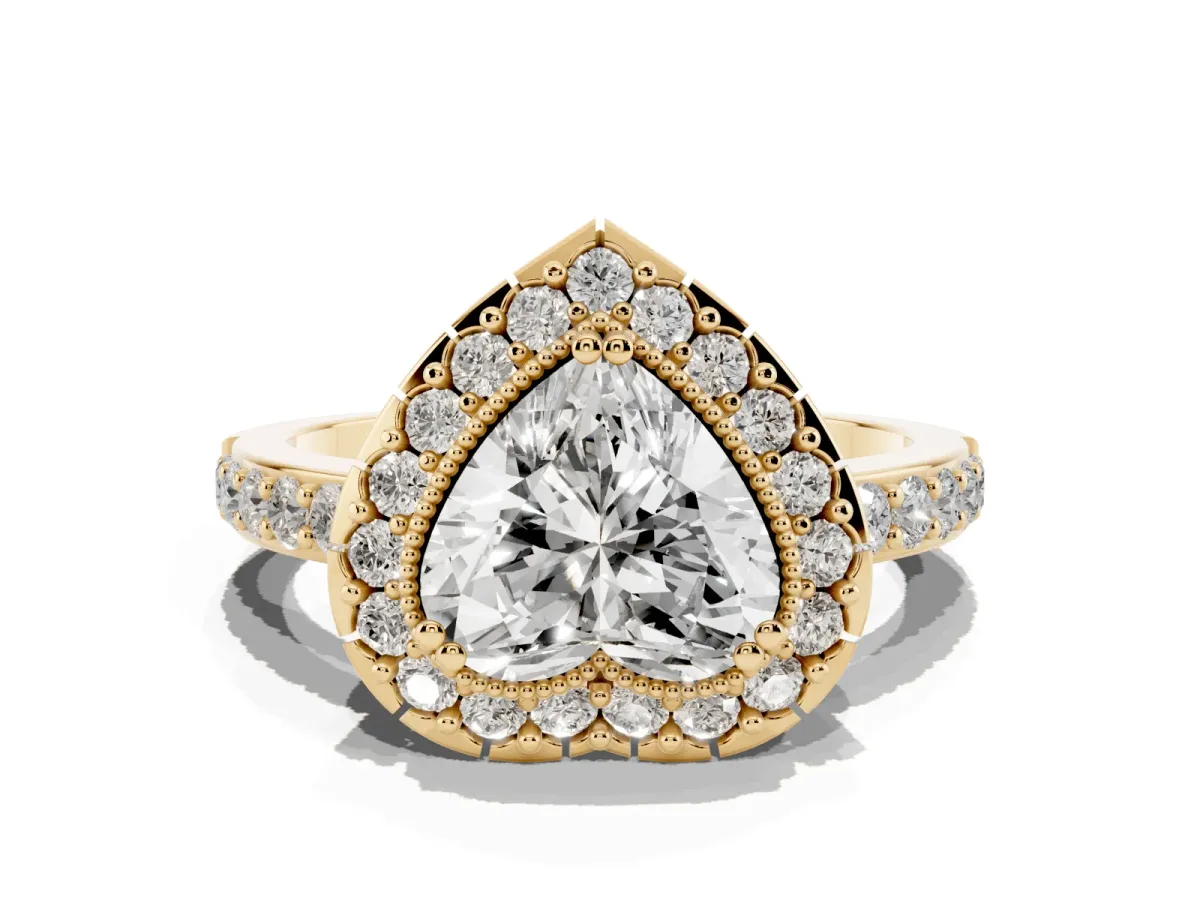 Heart Cut Diamond Halo Ring with Pavé Band and Prong Setting Yellow gold