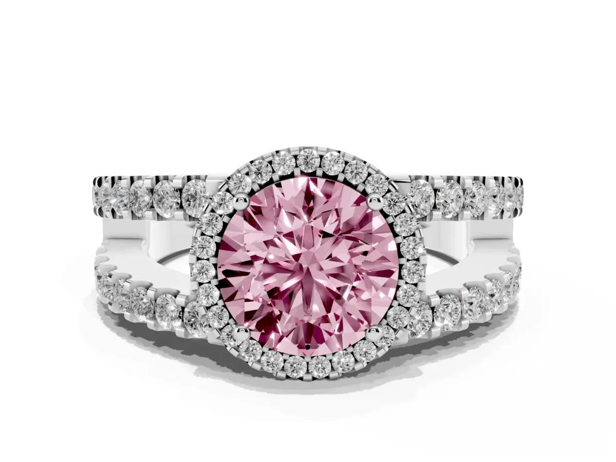 Fancy Pink Round Cut Cut Halo Split Shank Diamond Ring with Four-Prong Setting Silver