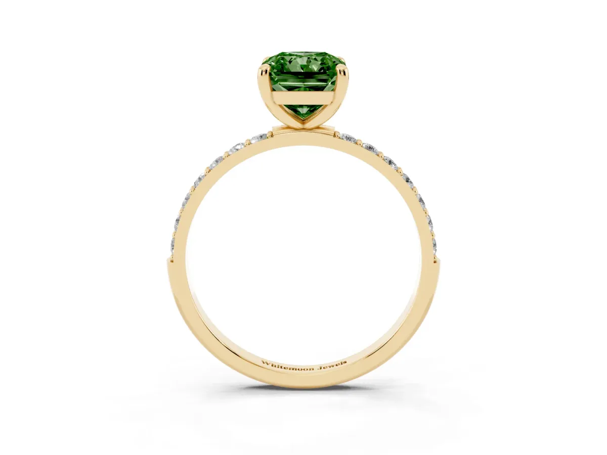 Fancy Green Radiant Cut Diamond Solitaire Ring with Round Pavé Band and Prong Setting Yellow gold