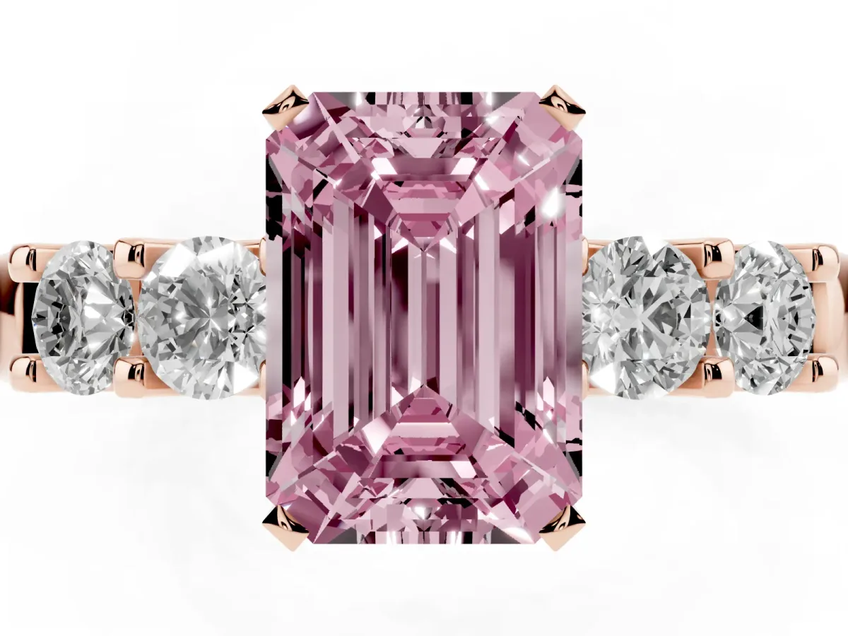 Fancy Pink Emerald Cut Brilliant Cut Diamond Five-Stone Prong Set Engagement Ring with Channel Band Rose gold