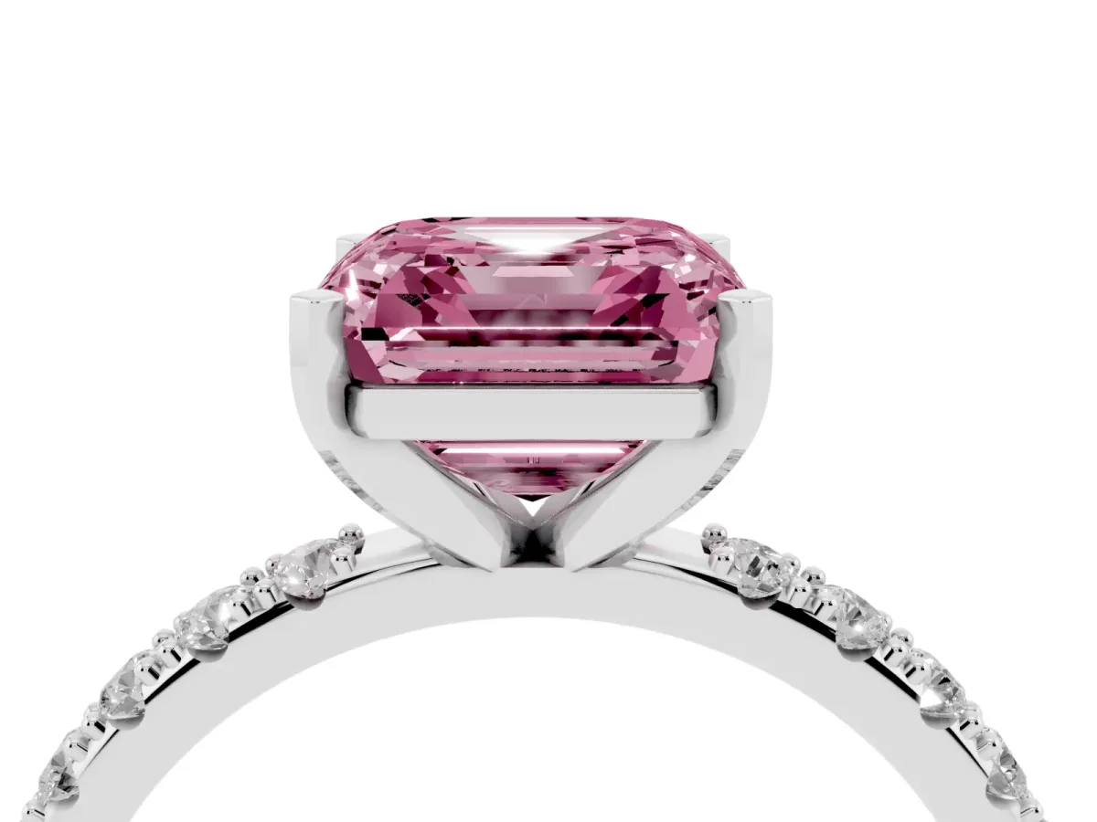 Fancy Pink Asscher Cut Diamond Solitaire Pavé Band with Four-Prong Setting Silver