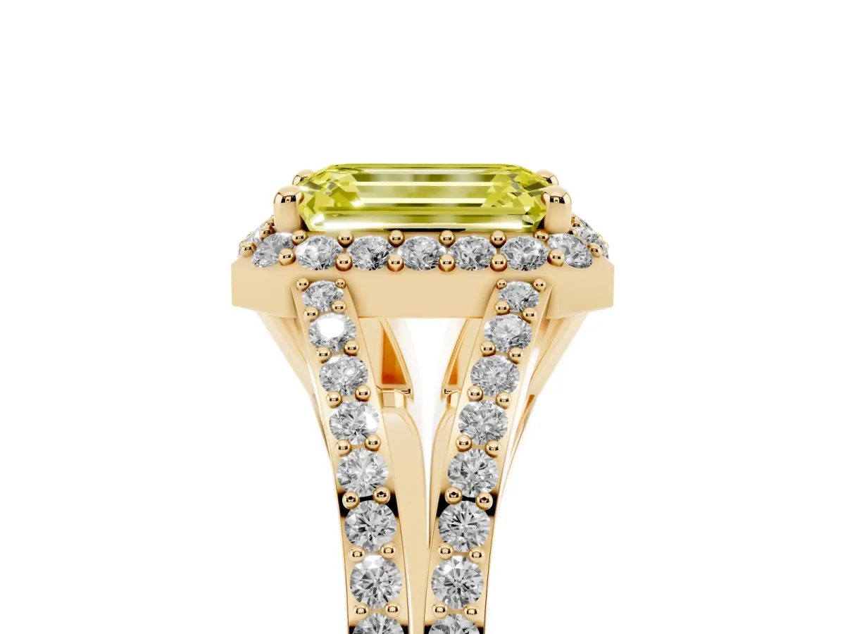 Fancy Yellow Emerald Cut Halo Split Shank Pave Diamond Ring with Four-Prong Setting Yellow gold
