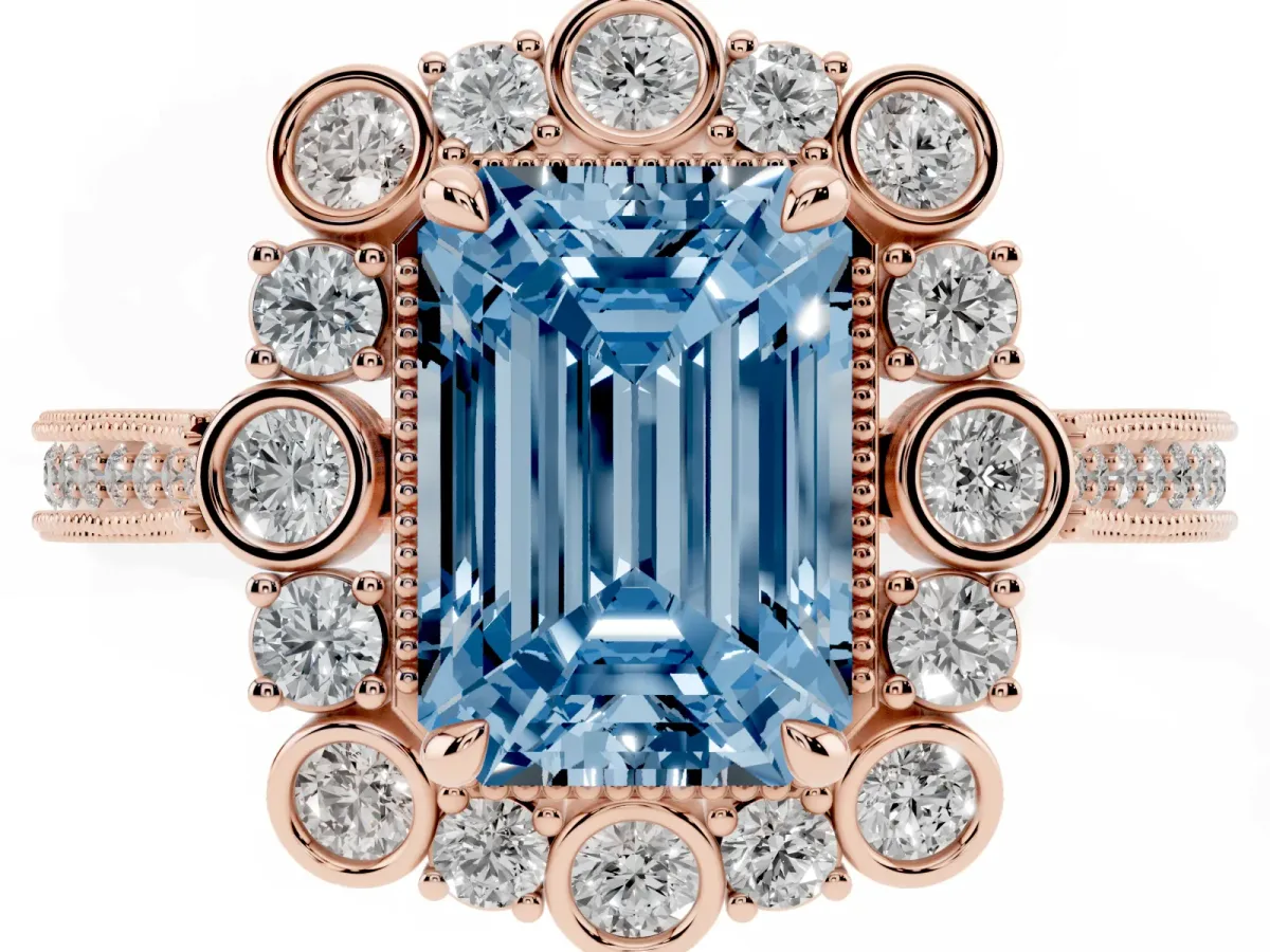 Fancy Blue Emerald Cut Halo Milgrain Pave Diamond Ring with Four-Prong Setting Rose gold