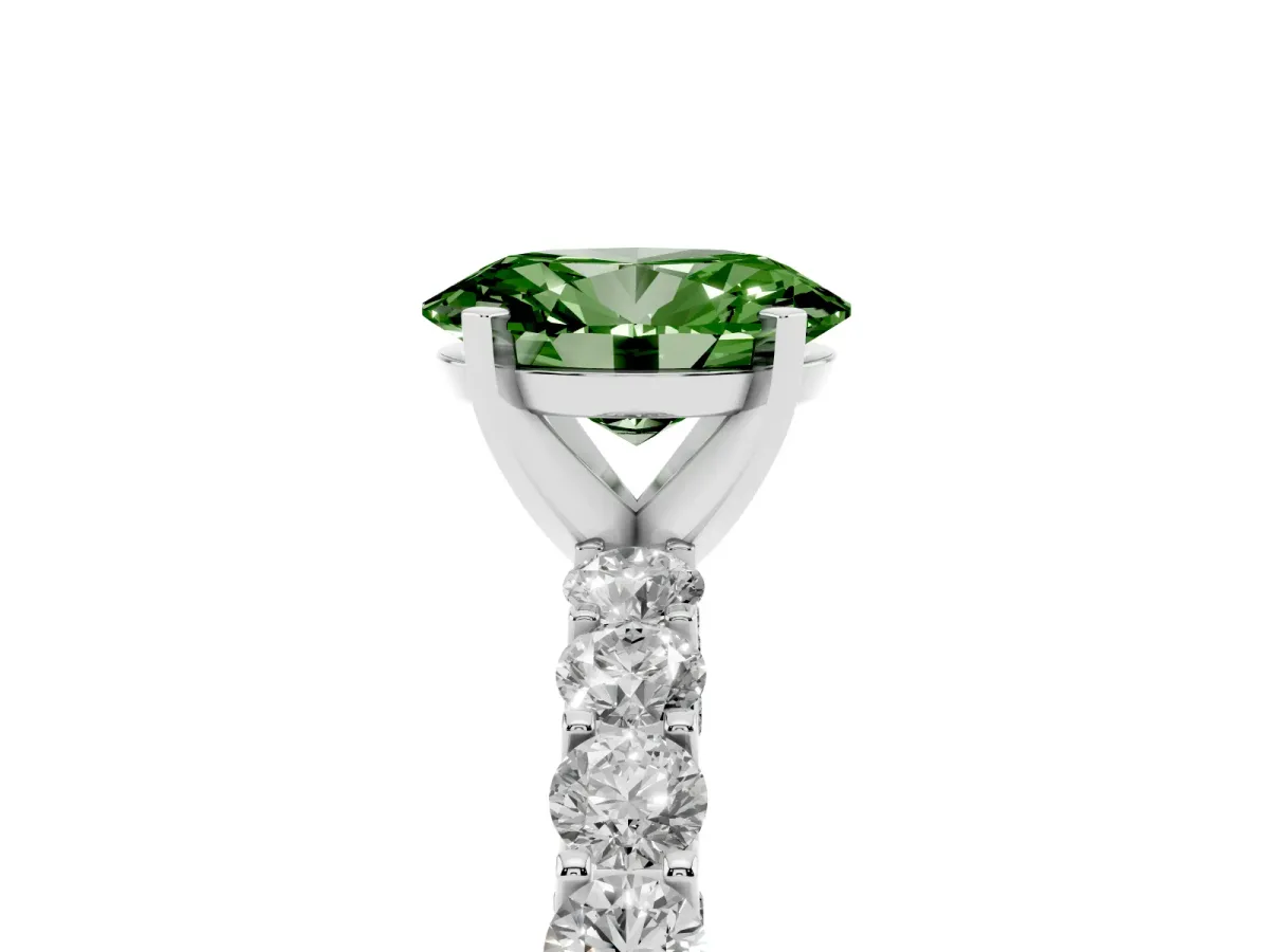 Fancy Green Oval Cut Diamond Solitaire Ring with Shared Prong Pavé Band and Four-Prong Setting Silver