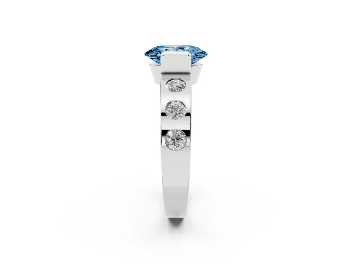 Fancy Blue Oval Cut Brilliant Channel-Set Diamond Ring with Bezel Prong Setting Silver